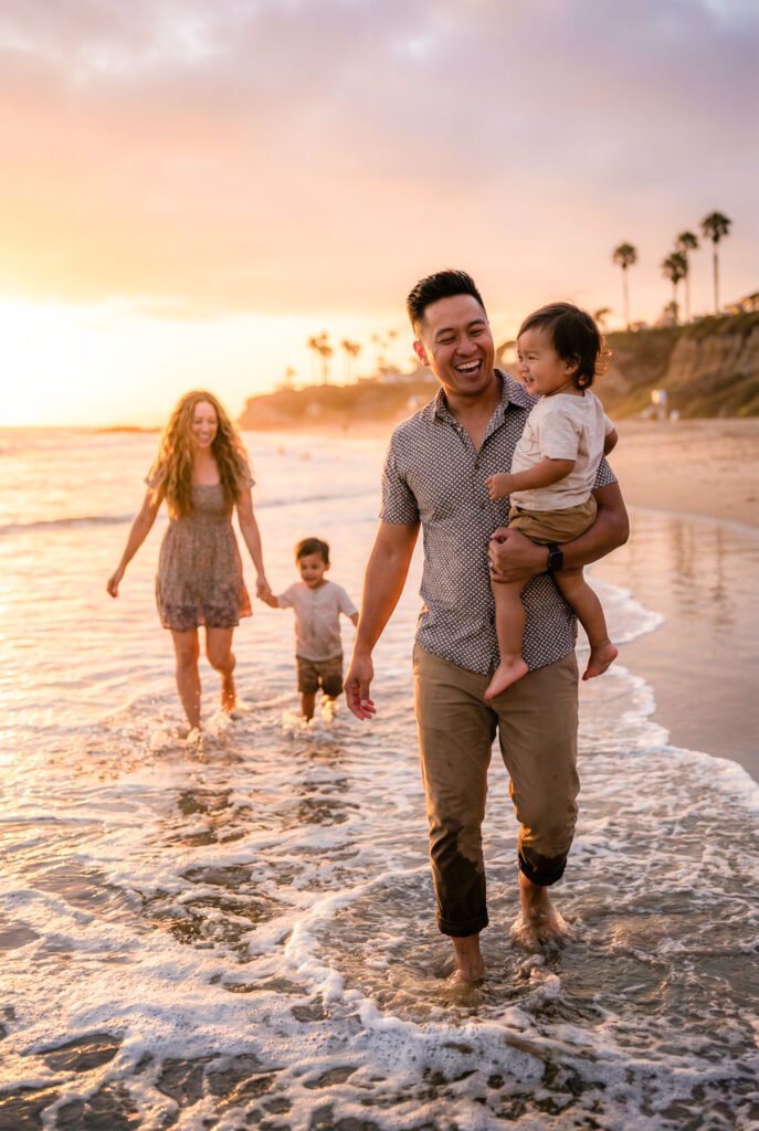 Family walking together on a beach at sunset