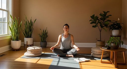 Woman meditating on a yoga mat in a sunlit room