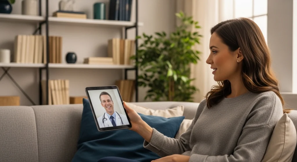 Woman attending a telehealth consultation on a tablet