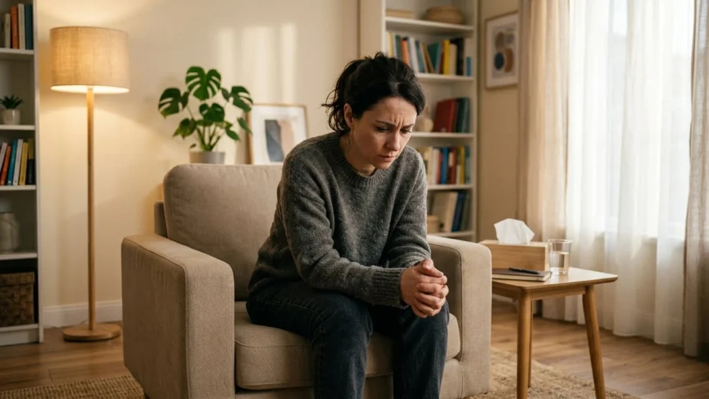 Woman seated with her hands clasped, illustrating anxiety and seeking treatment
