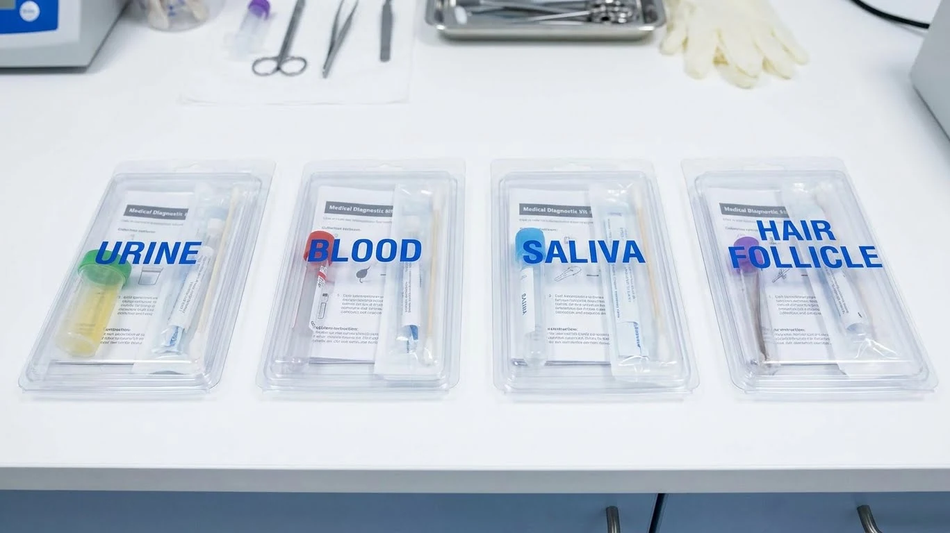 Doctor reviewing meth detection test results in a clinical laboratory Urine, blood, saliva, and hair sample kits for drug testing