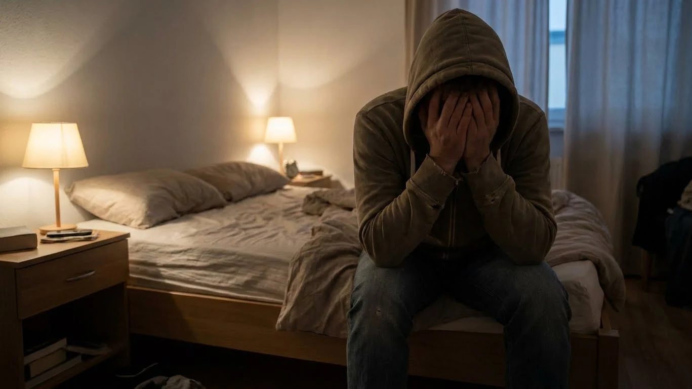 Person experiencing meth withdrawal symptoms feeling exhausted and emotionally drained Person sitting on the edge of a bed with their head in their hands