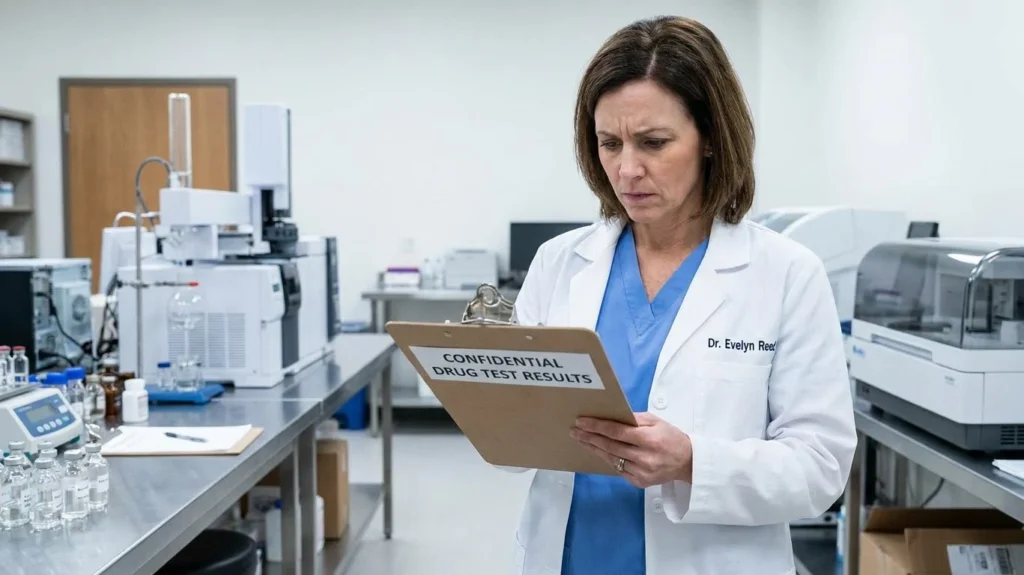 Laboratory professional reviewing a clipboard for a methamphetamine detection guide