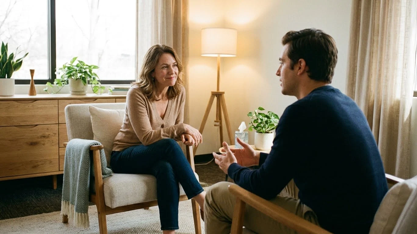 Therapist providing meth detox and addiction treatment counseling to a patient Counselor and client talking in a room for a methamphetamine recovery guide