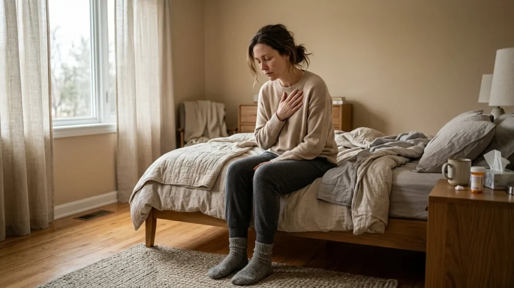 Woman sitting on a bed, illustrating physical symptoms associated with depression