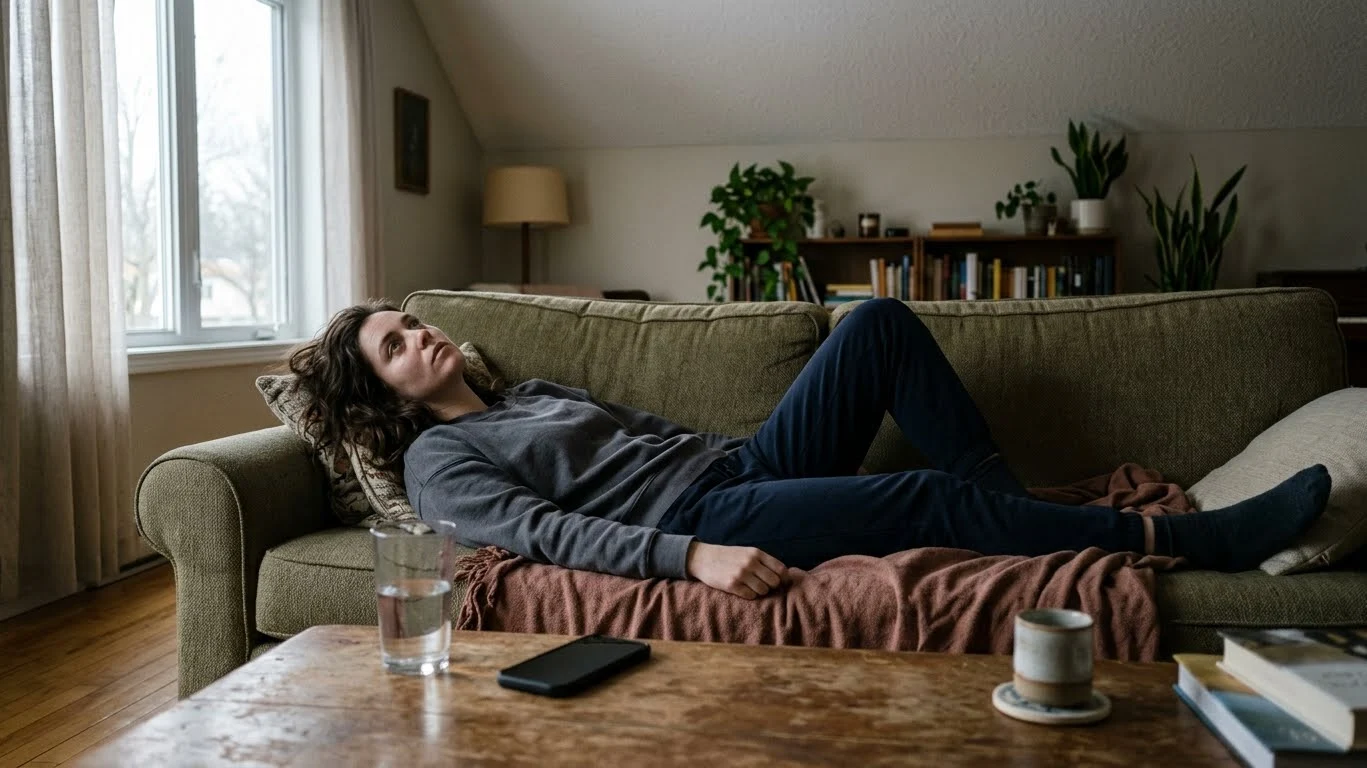 Person lying on couch during the day with deep fatigue, illustrating common physical symptoms of depression like exhaustion and low energy Person lying on couch during the day with deep fatigue, illustrating common physical symptoms of depression like exhaustion and low energy