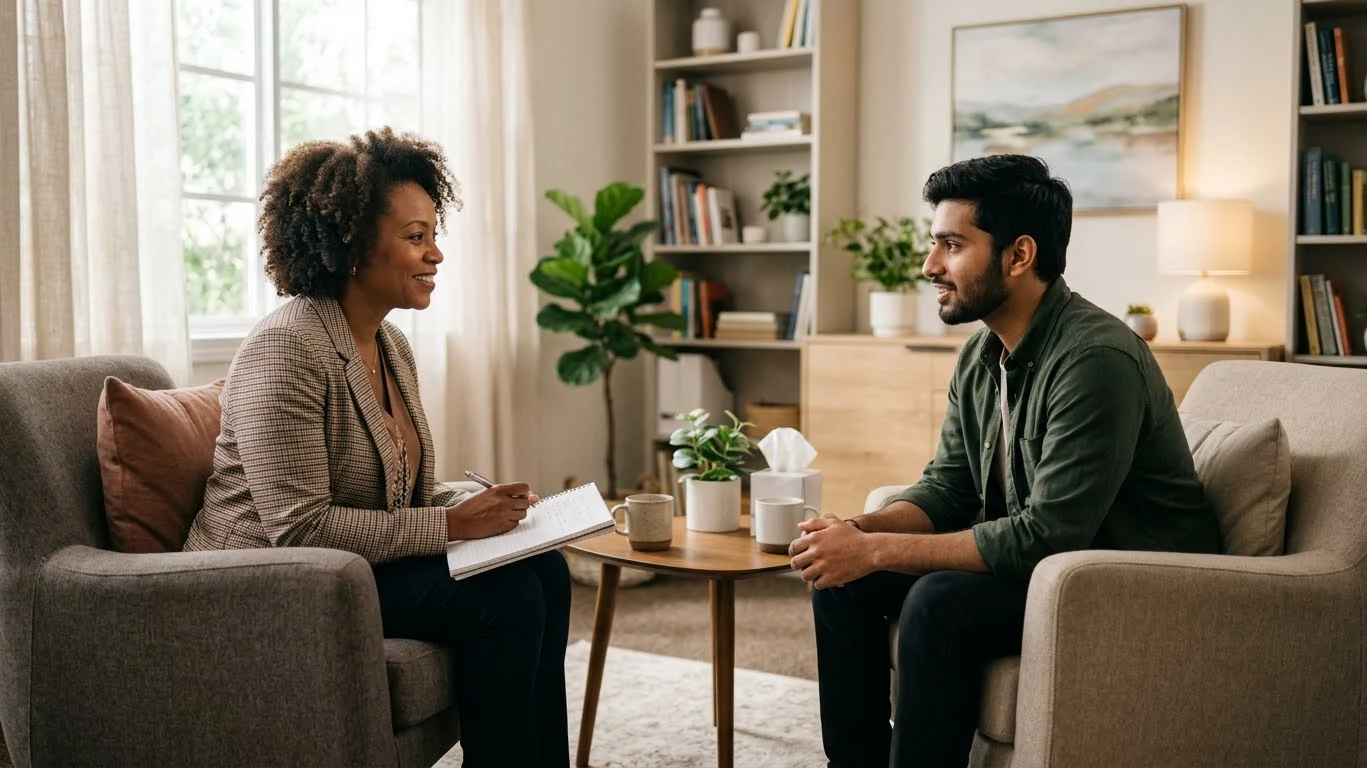 A therapist and client in a therapy session, representing treatment options for depression and its physical symptoms A therapist and client in a therapy session, representing treatment options for depression and its physical symptoms