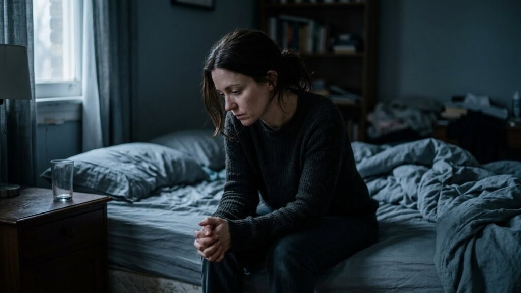 Woman sitting on the edge of a bed, illustrating complex PTSD symptoms