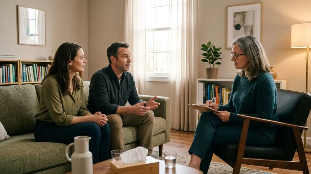 Couple meeting with a therapist during a first couples counseling session
