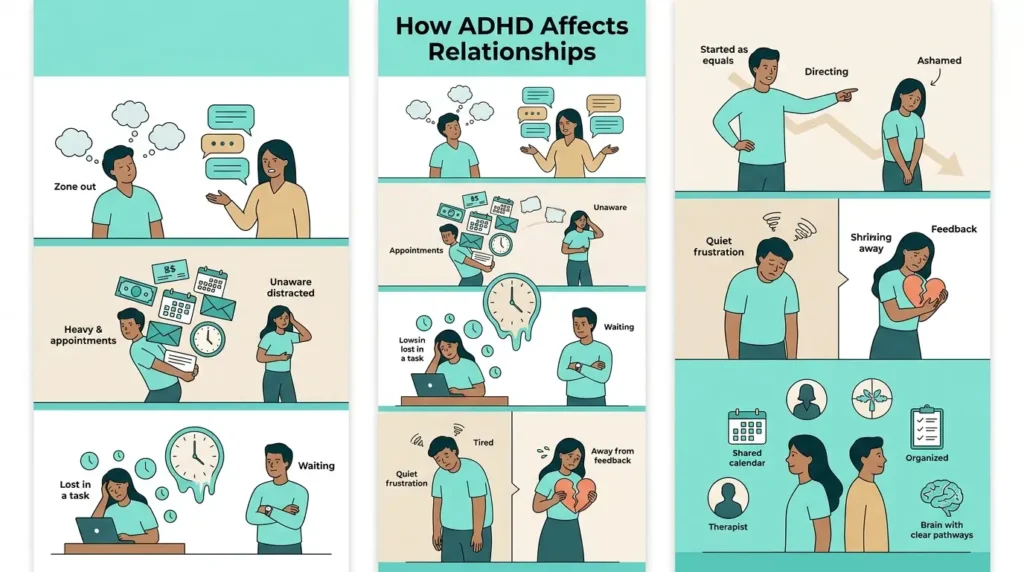 Illustrated examples of how ADHD can affect relationships