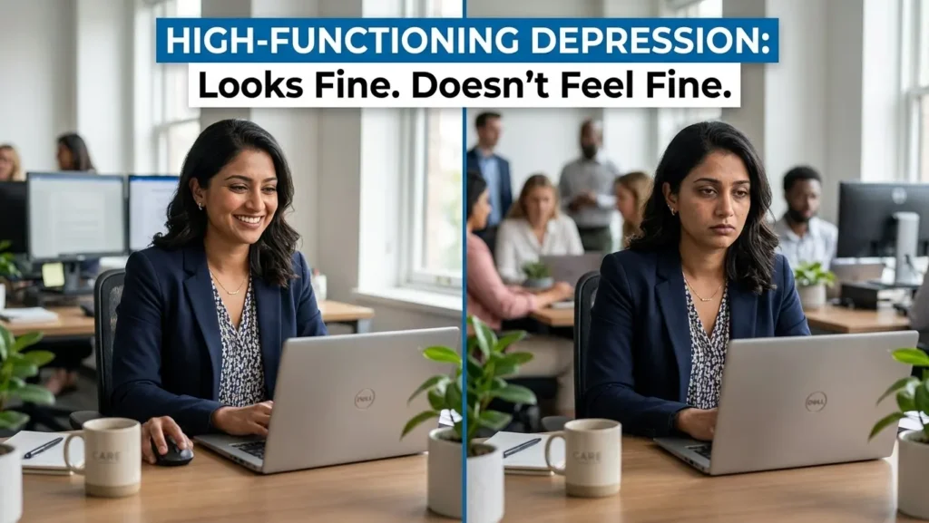 High-functioning depression illustrated by contrasting outward appearance and inner distress