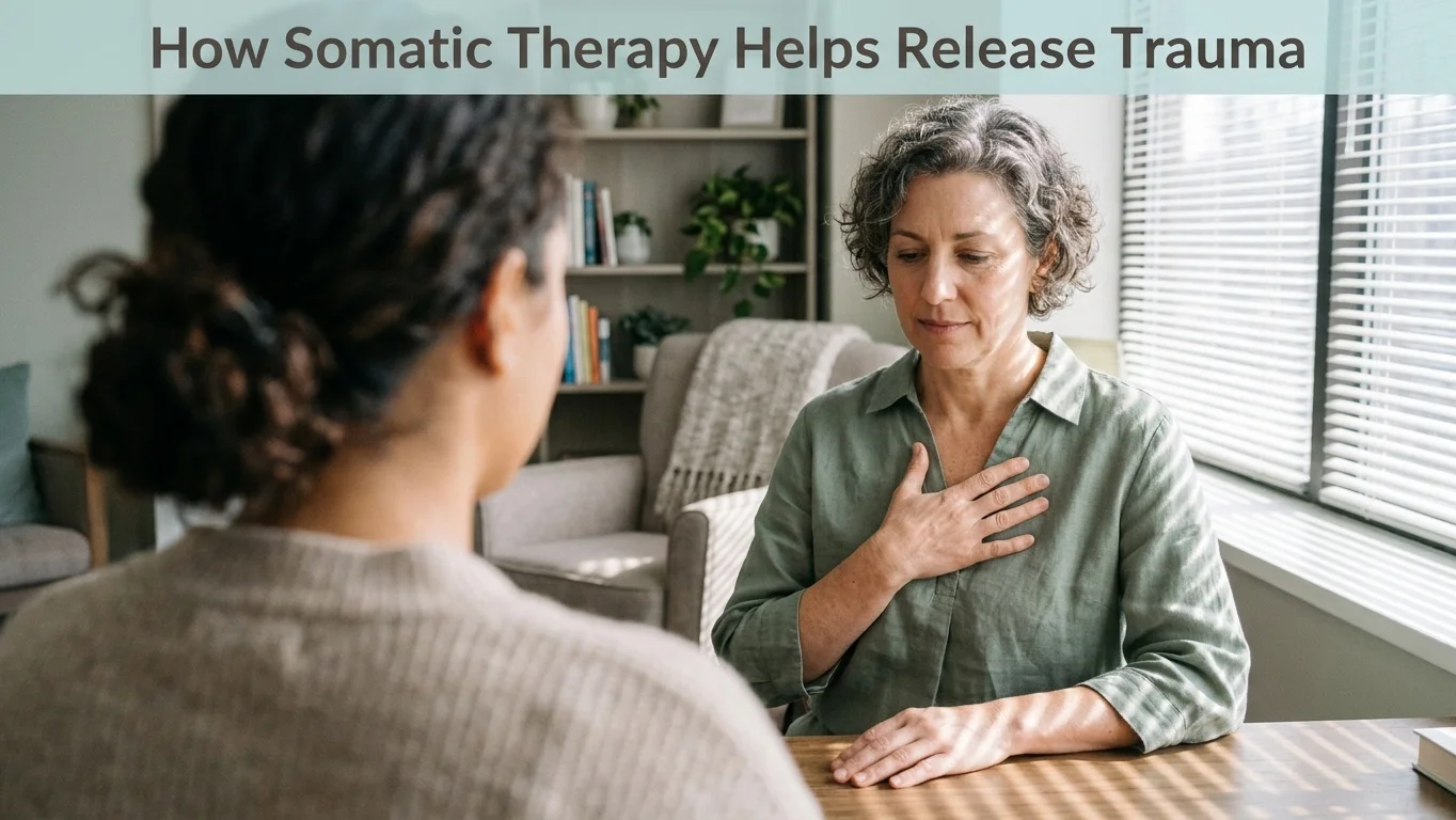 Therapist demonstrating a somatic grounding technique during trauma release therapy