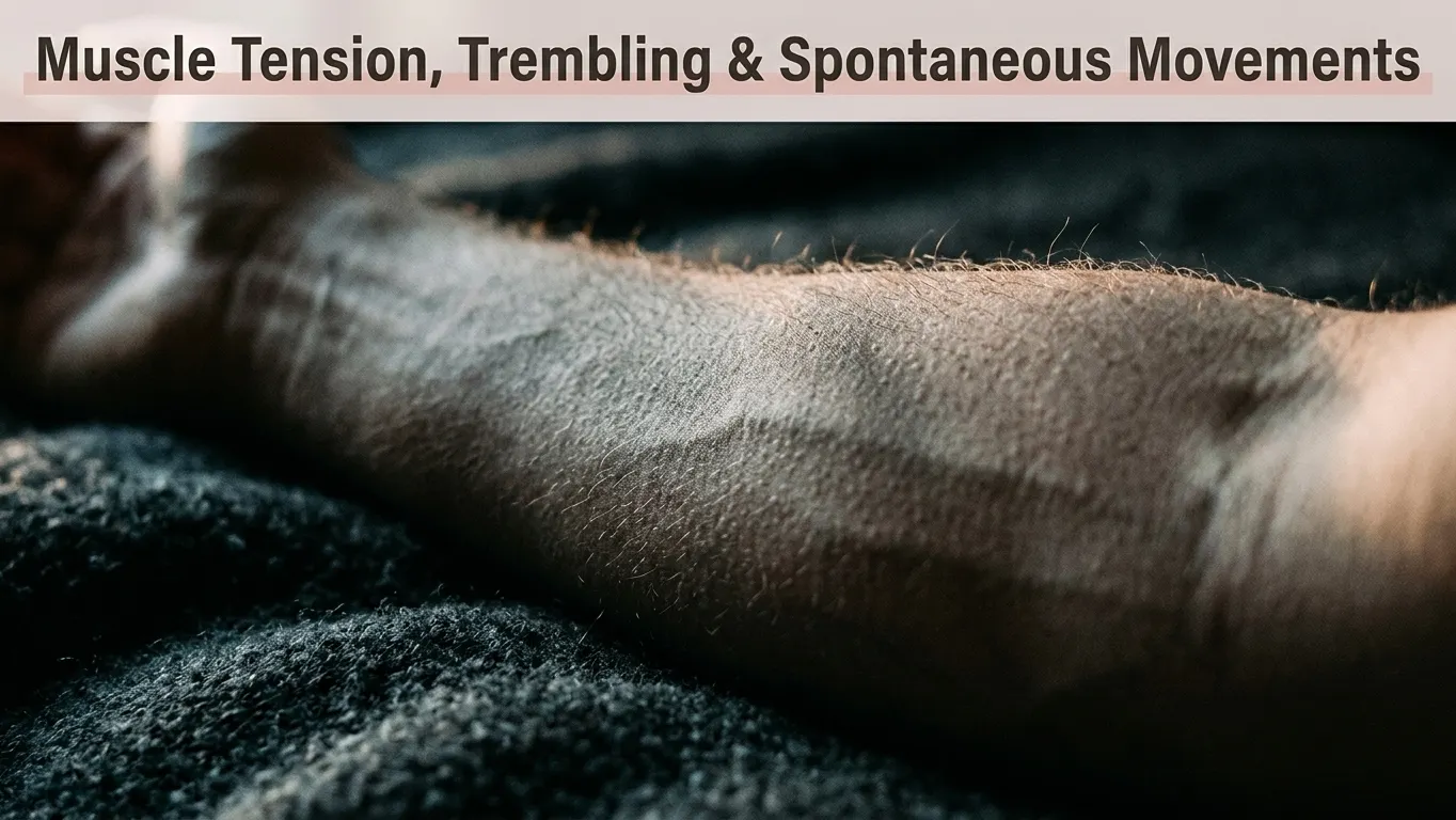 Close-up of a forearm beside a heading about muscle tension and trembling during trauma recovery