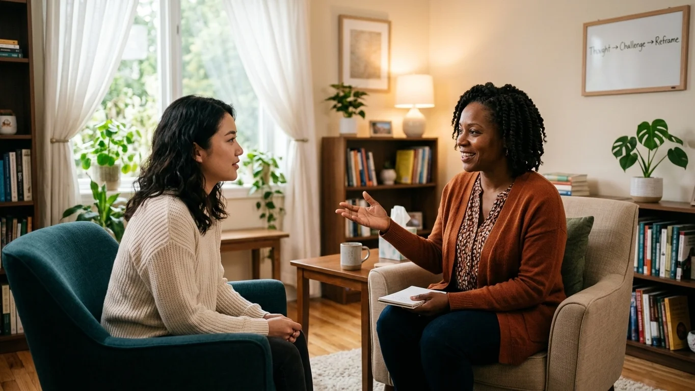 Therapist guiding a client through CBT techniques for abandonment issues during a session Therapist guiding a client through CBT techniques for abandonment issues during a session