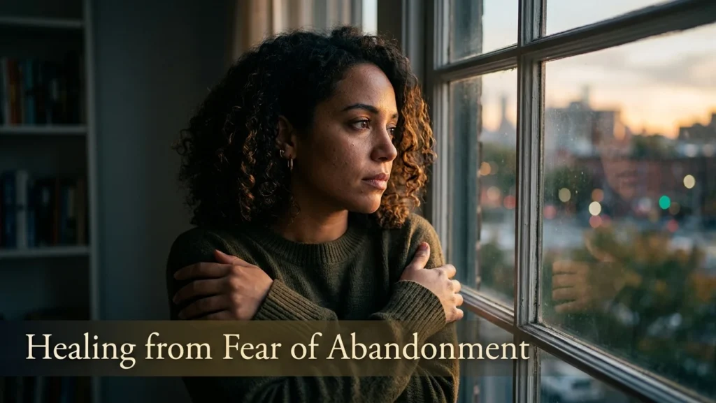 Woman sitting by a window beneath a heading about healing fear of abandonment