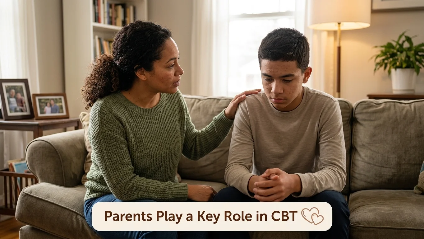 Parent supporting child at home during CBT anxiety treatment process Parent comforting a child beside a heading about parents’ role in CBT