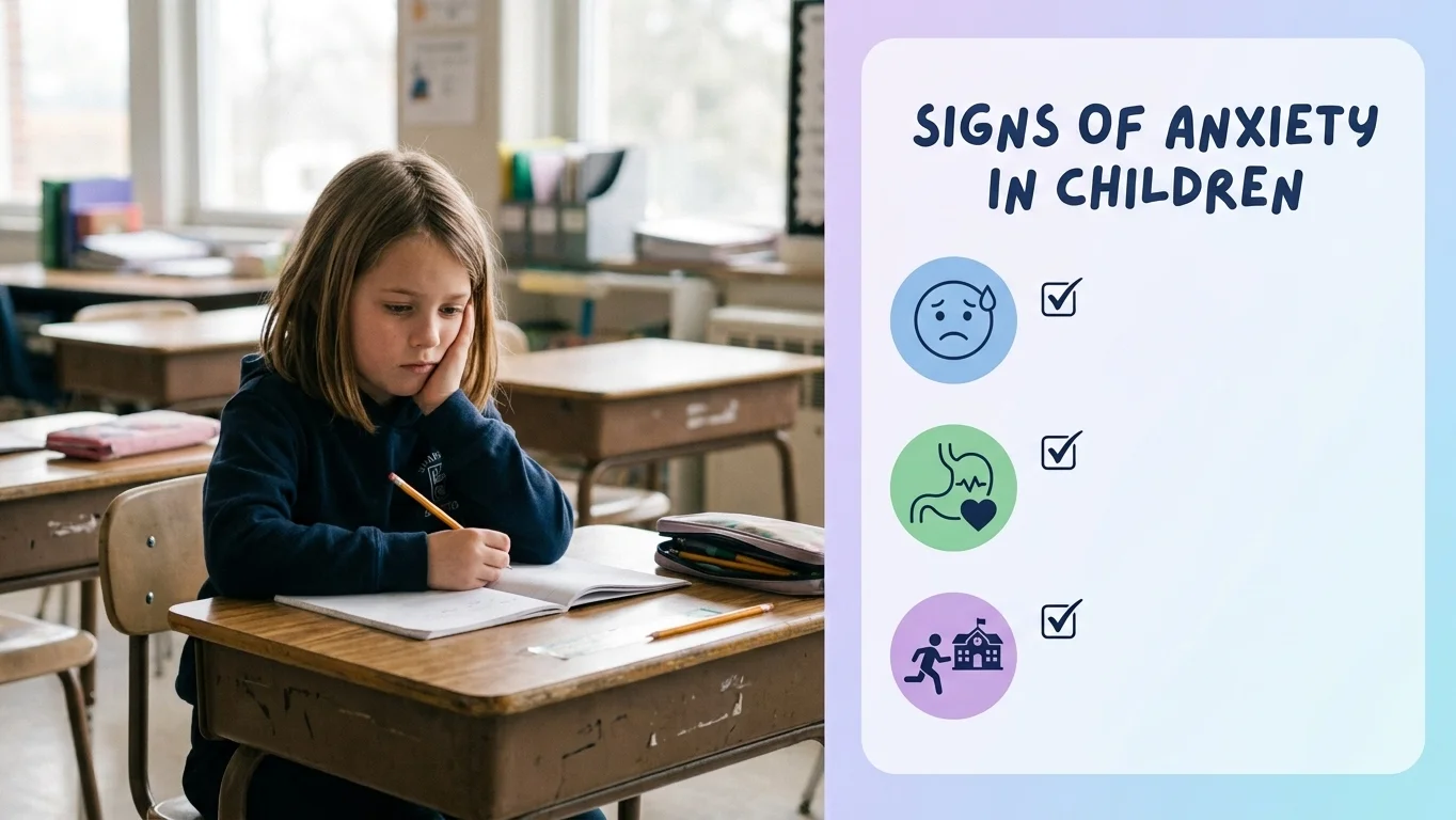 Signs of Anxiety in Children – Emotional, Physical, and Behavioral Symptoms Checklist Child writing at a school desk beside an anxiety symptoms checklist