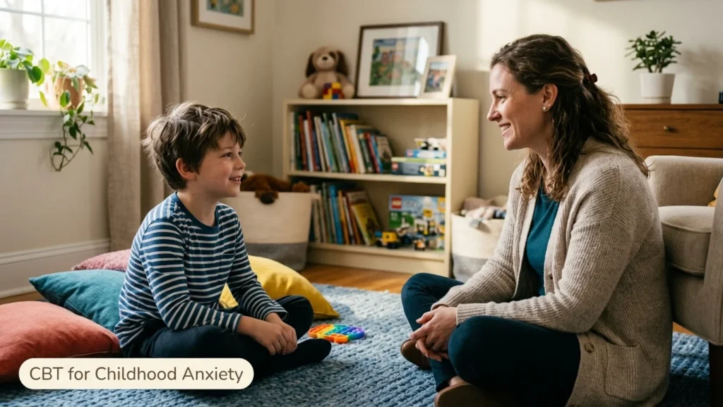 Therapist working with a child during cognitive behavioral therapy for anxiety