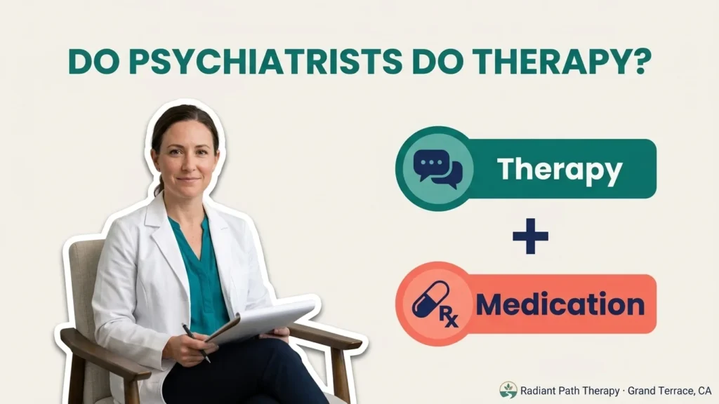 Psychiatrist holding a clipboard beside therapy and medication symbols