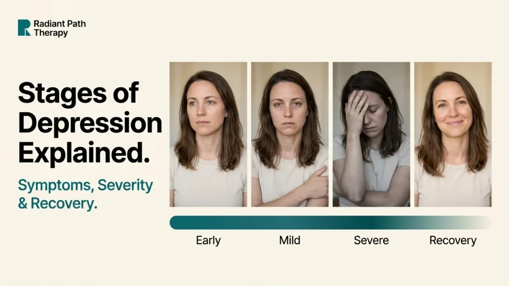 Stages of depression illustrated from early symptoms through recovery