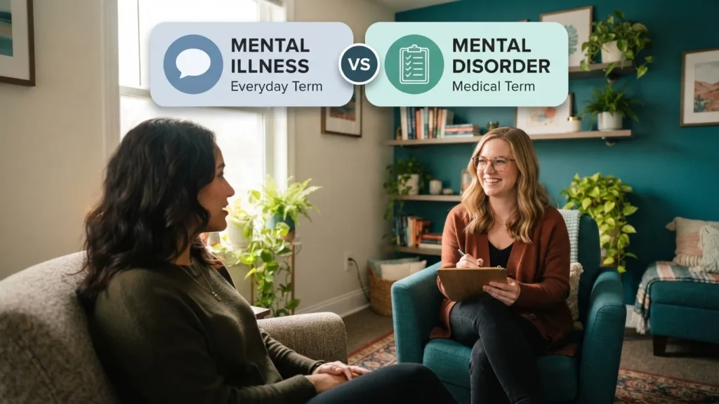 Mental illness versus mental disorder illustrated in a therapy session