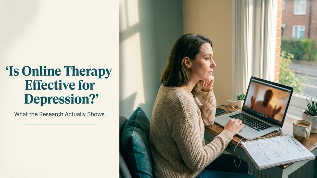 Woman attending online therapy for depression on a laptop