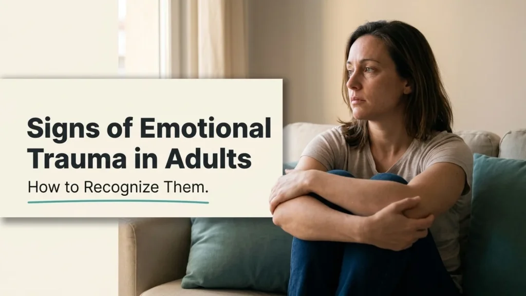 Signs of emotional trauma in adults, with a woman sitting on a sofa