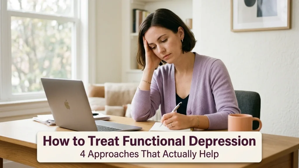 Woman using a laptop for a guide to functional depression treatment