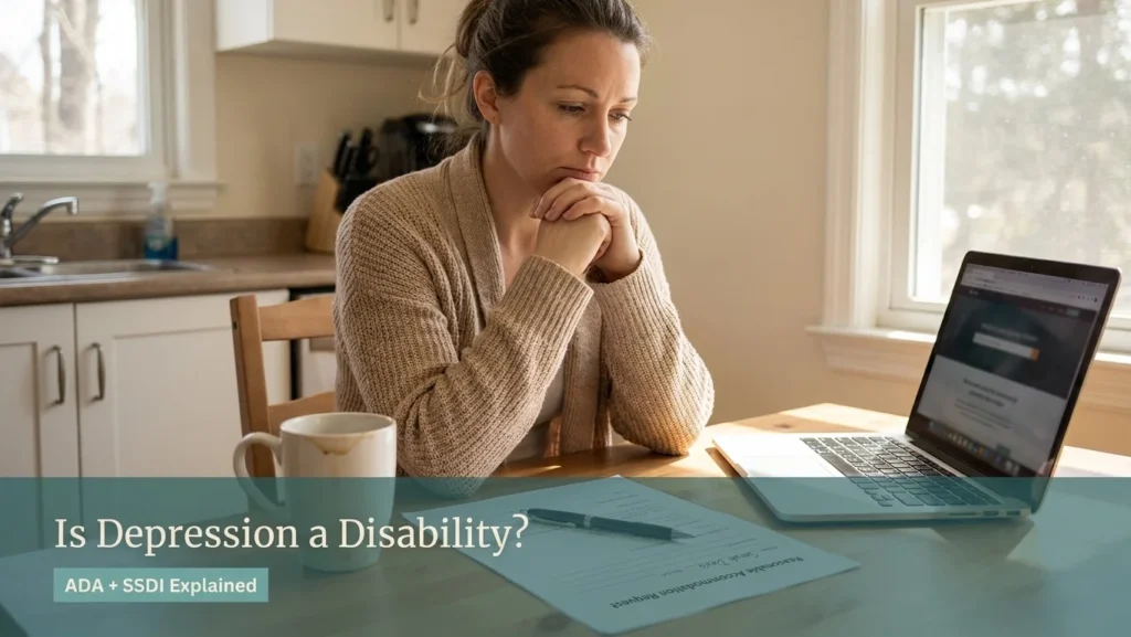 Woman reviewing paperwork for a guide to depression disability benefits