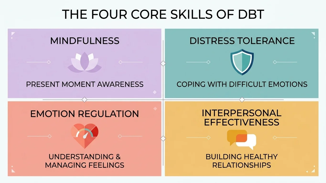 four core skills of dbt The four core DBT skills: mindfulness, distress tolerance, emotion regulation, and interpersonal effectiveness