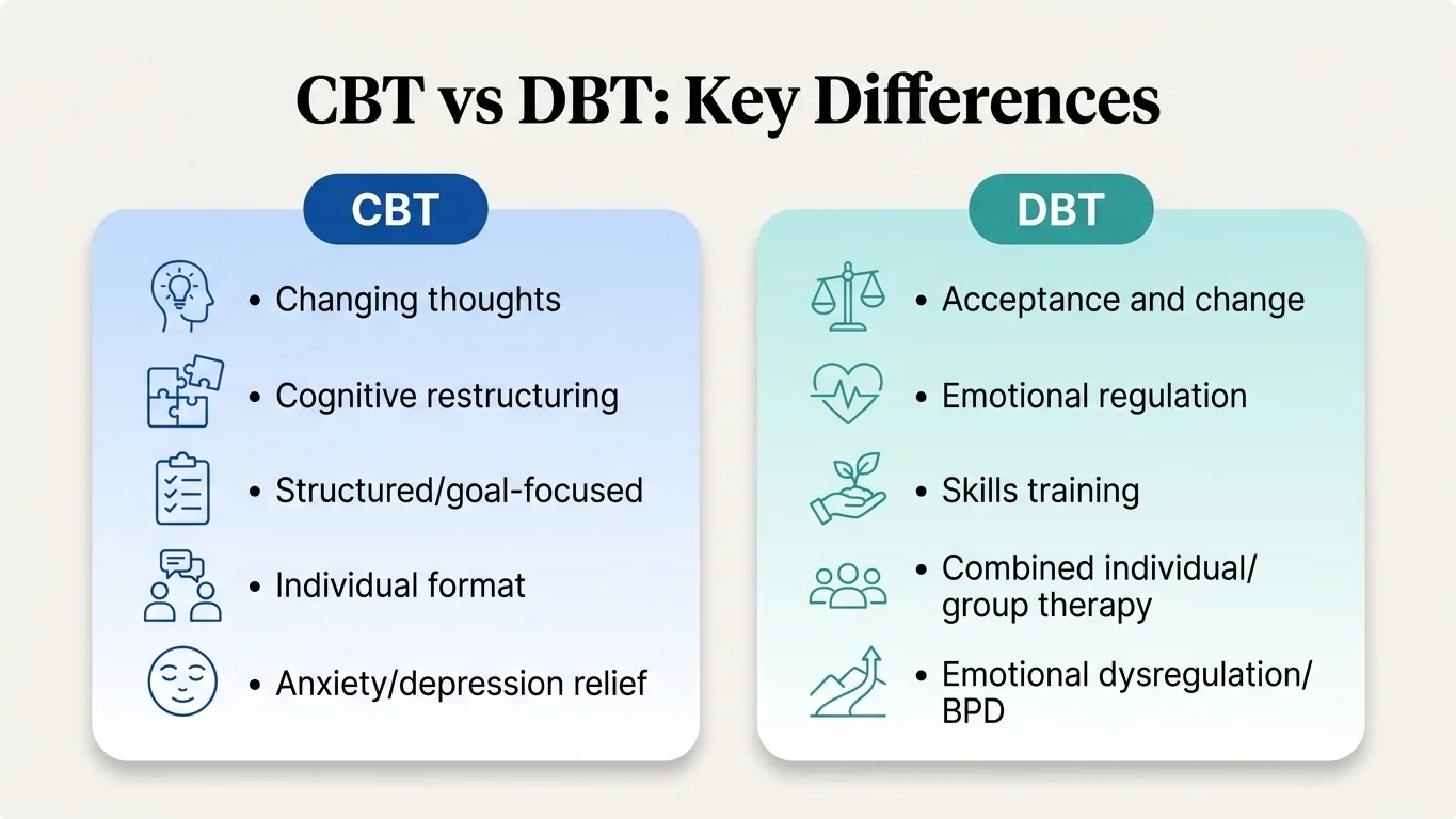 Person reflecting and journaling while deciding between CBT and DBT Infographic comparing cognitive behavioral therapy and dialectical behavior therapy