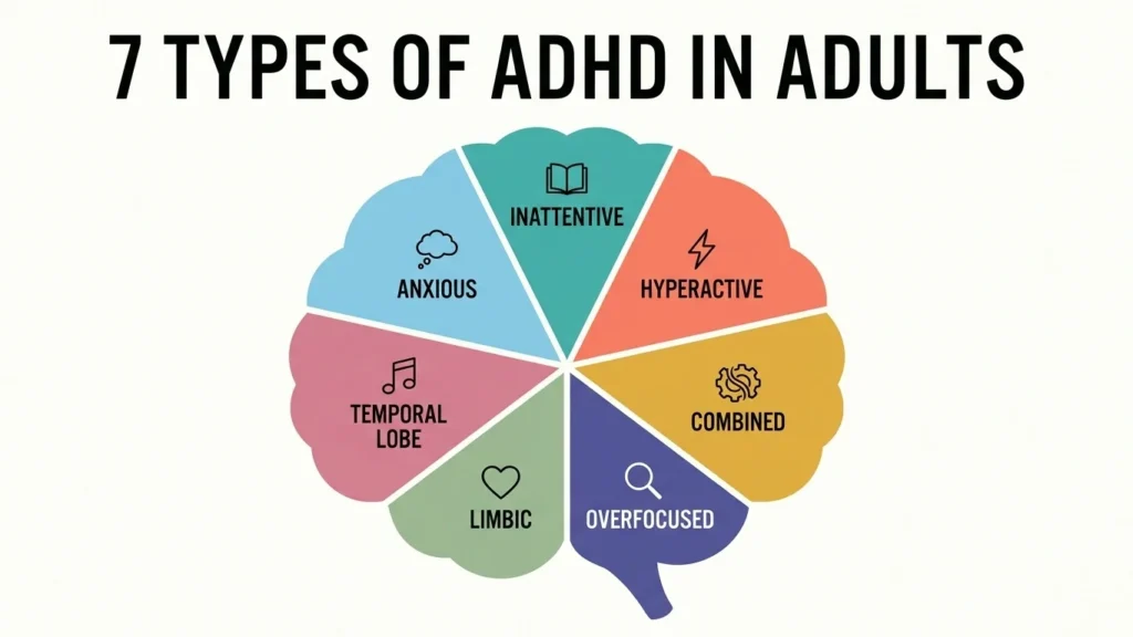 Circular infographic illustrating seven proposed ADHD types in adults
