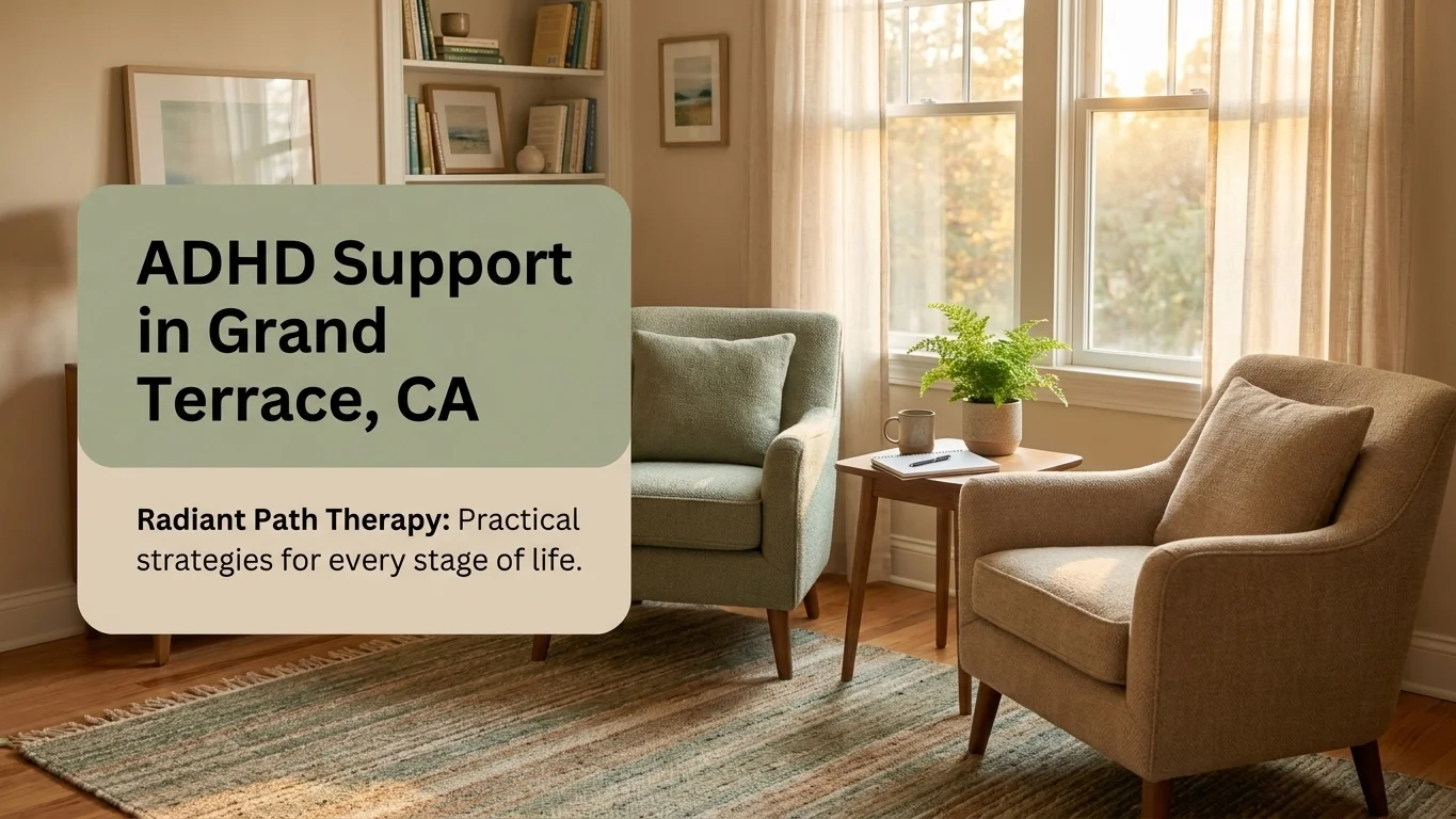 Radiant Path Therapy and Psychiatry office banner offering ADHD support in Grand Terrace, CA ADHD support in Grand Terrace, California, illustrated with a counseling room