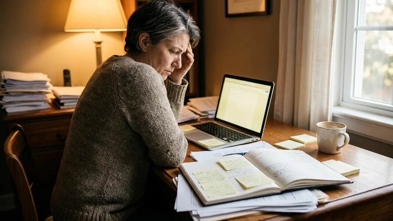 Adult managing a busy calendar, text reads ADHD doesn't get worse with age Adult looking at a laptop beside a calendar and notes