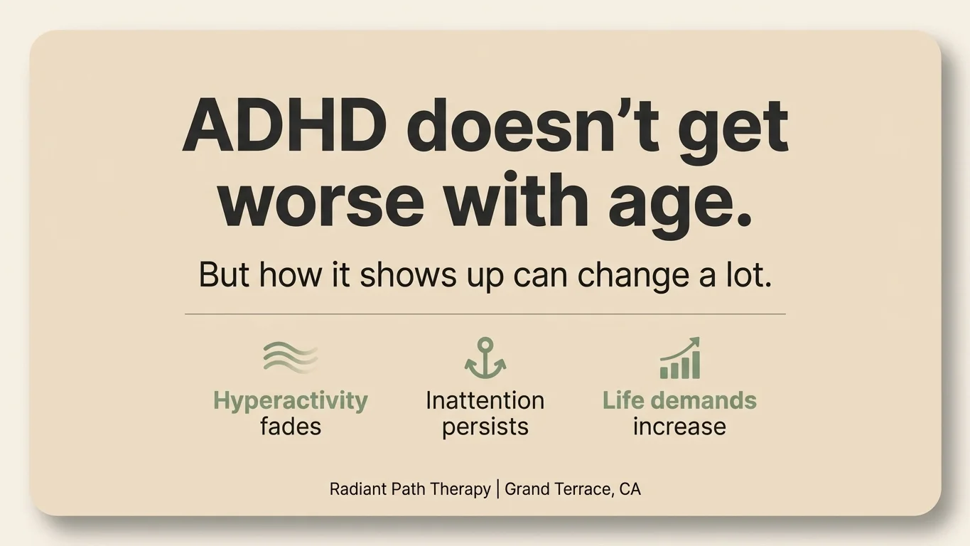 Answer card graphic stating ADHD doesn't get worse with age, symptoms change Answer card graphic stating ADHD doesn't get worse with age, symptoms change