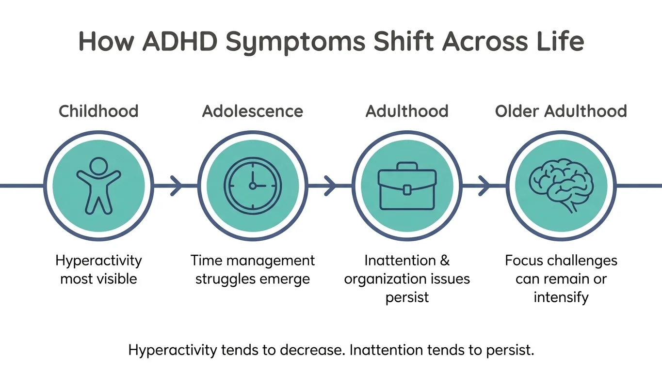 Infographic showing how ADHD symptoms change from childhood to older adulthood Infographic showing how ADHD symptoms change from childhood to older adulthood