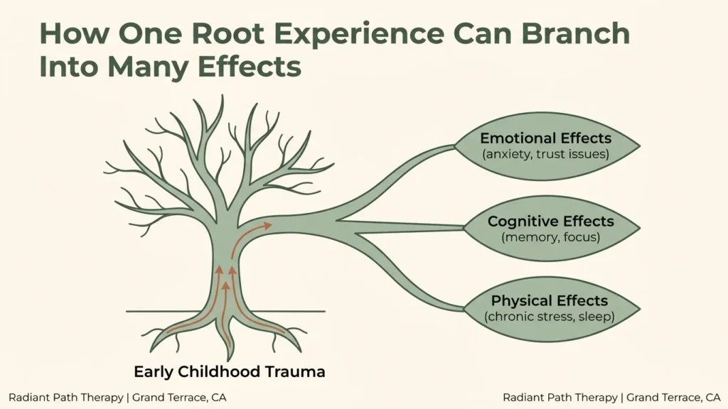 Tree diagram of emotional, cognitive, and physical effects of childhood trauma