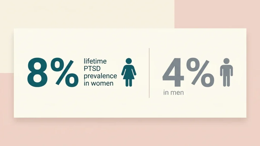 Infographic comparing lifetime PTSD prevalence in women and men