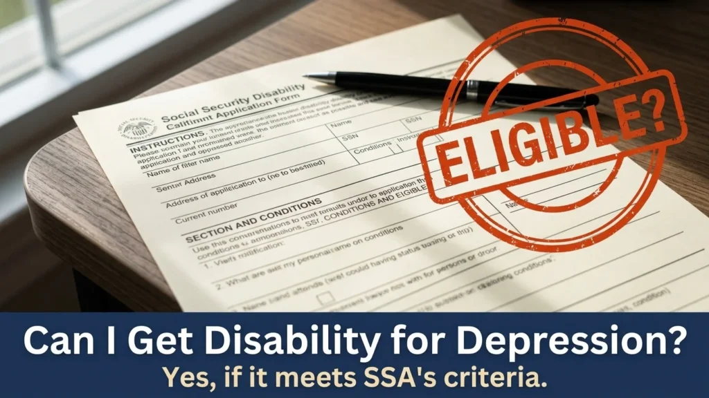 Depression disability benefits guide illustrated with an application form