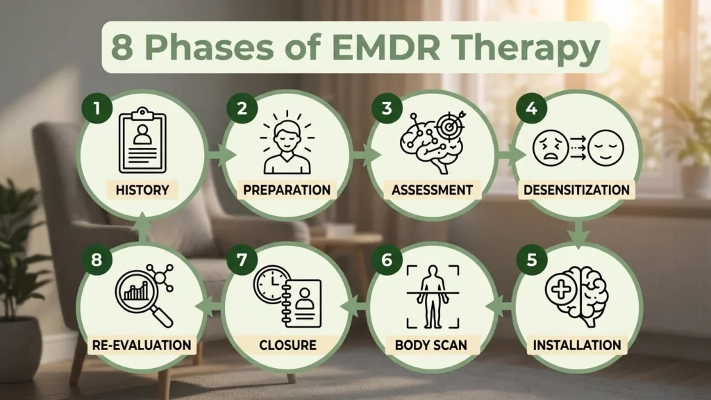 Infographic showing the eight phases of EMDR therapy