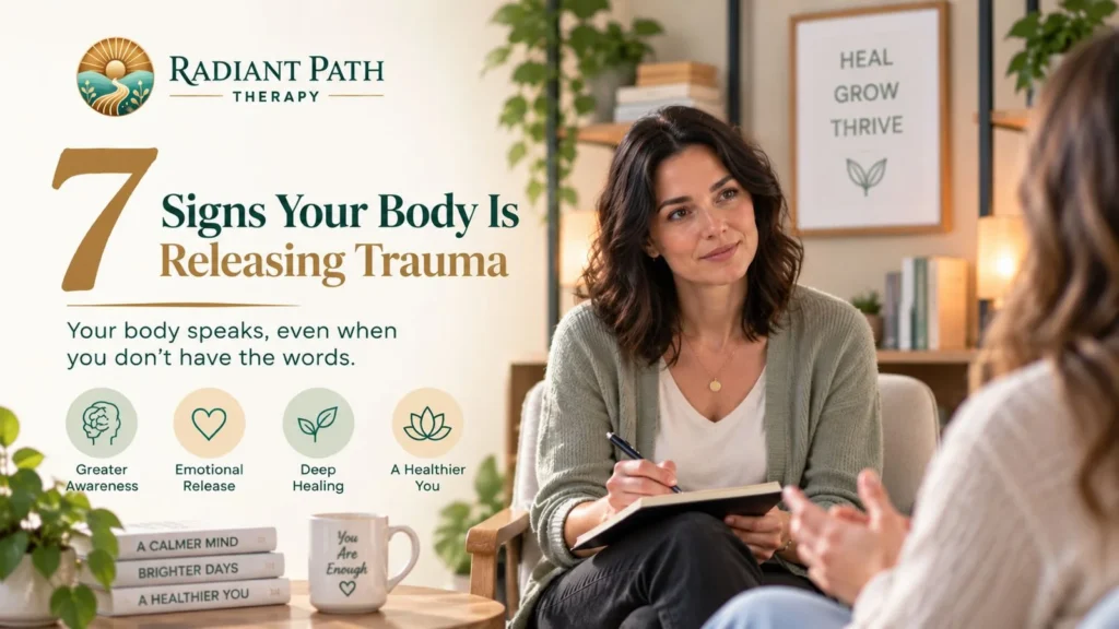 Seven signs of trauma recovery illustrated during a counseling session