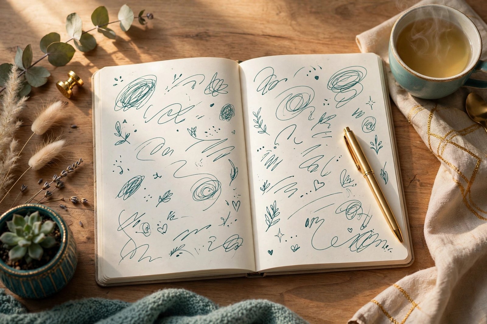 Open journal with drawings beside a pencil and a cup of tea