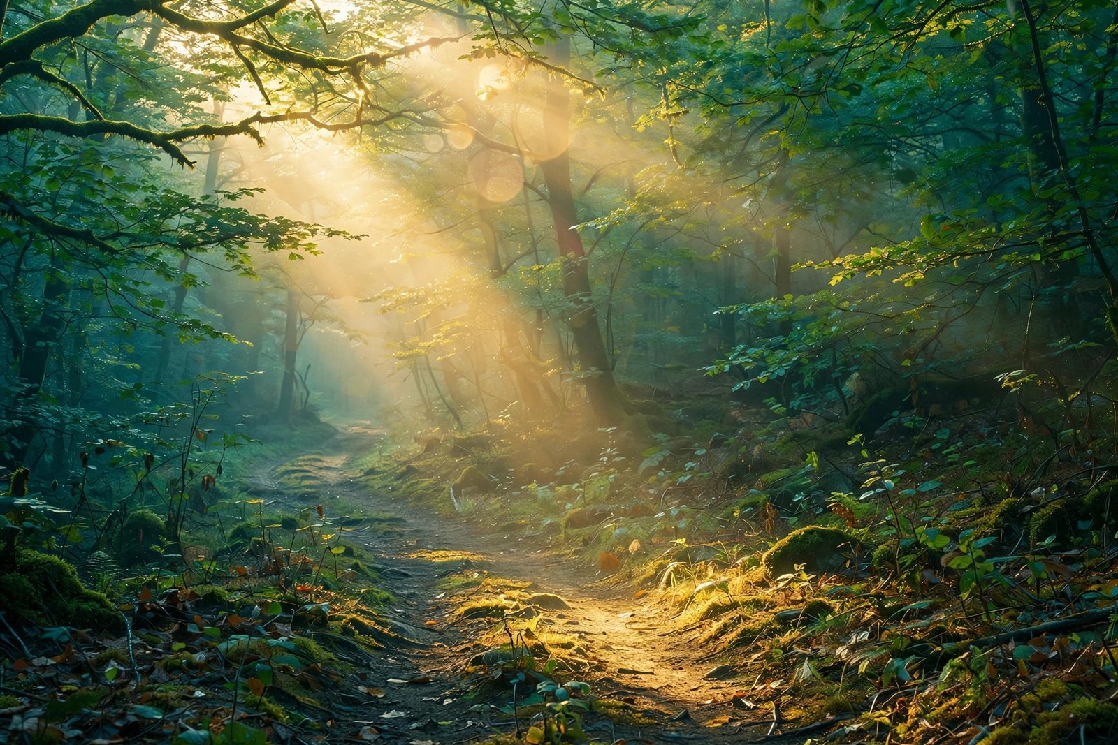 Sunlight filtering through trees on a forest path