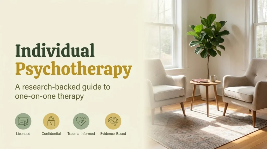Individual psychotherapy guide with a calm counseling room